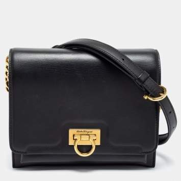 Pre Owned Salvatore Ferragamo Black Leather Trifolio Flap Crossbody Bag 