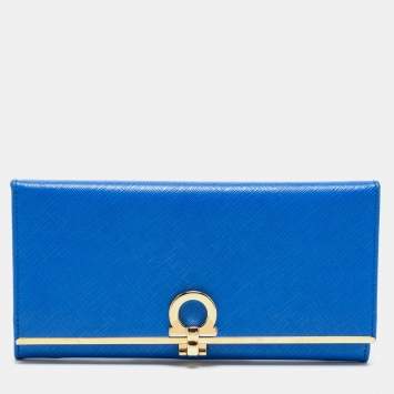 Pre Owned Salvatore Ferragamo Blue Leather Gancini Icona Continental Wallet