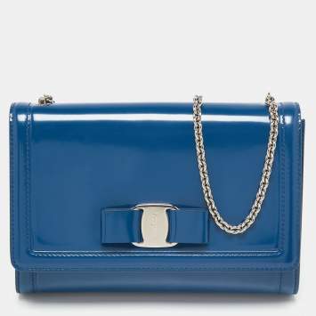 Pre Owned Salvatore Ferragamo Blue Smooth Leather Bow Shoulder Bag