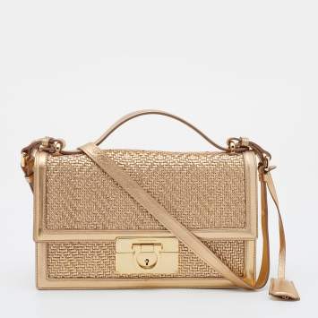 Pre Owned Salvatore Ferragamo Metallic Gold Woven Leather Aileen Gancio Shoulder bag