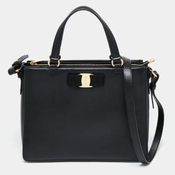 Pre Owned Salvatore Ferragamo Black Leather Vara Bow Tote