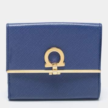 Pre Owned Salvatore Ferragamo Blue Leather Gancini Clip Compact Wallet