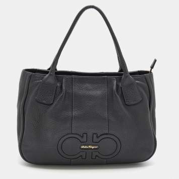 Pre Owned Salvatore Ferragamo Black Leather Gancini Logo Tote
