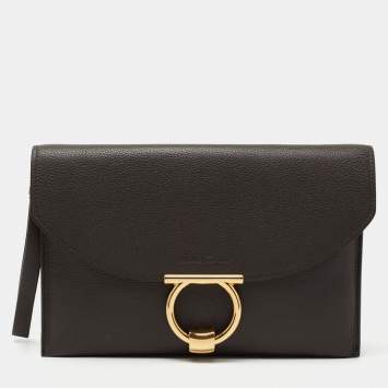 Pre Owned Salvatore Ferragamo Grey Leather Gancini Clutch