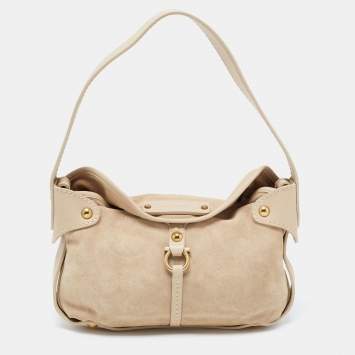 Pre Owned Salvatore Ferragamo Beige Suede Gancini Shoulder Bag