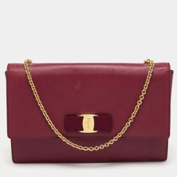 Pre Owned Salvatore Ferragamo Purple Leather Vara Bow Chain Shoulder Bag