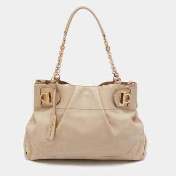 Pre Owned Salvatore Ferragamo Beige Leather Gancini Chain Tote