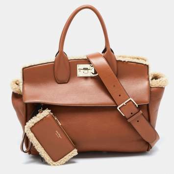 Pre Owned Salvatore Ferragamo Brown Leather and Shearling The Studio Top Handle Bag