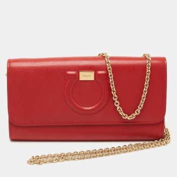 Pre Owned Salvatore Ferragamo Red Leather Gancini City Wallet on Chain