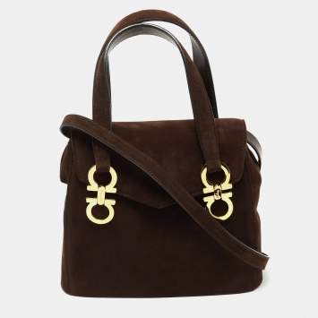 Pre Owned Salvatore Ferragamo Dark Brown Suede Gancini Satchel