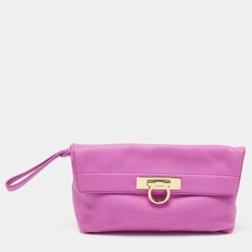 Pre Owned Salvatore Ferragamo Pink Leather Gancini Flap Oversize Clutch