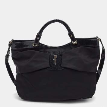 Pre Owned Salvatore Ferragamo Black Nylon Vara Bow Tote 