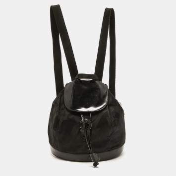 Pre Owned Salvatore Ferragamo Black Printed Nylon and Glossy Leather Buckle Flap Backpack