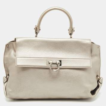 Pre Owned Salvatore Ferragamo Metallic Silver Leather Large Sofia Top Handle Bag