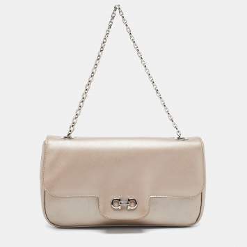 Pre Owned Salvatore Ferragamo Metallic Beige Leather Gancini Flap Bag
