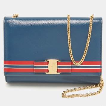 Pre Owned Salvatore Ferragamo Blue Leather Striped Vara Bow Chain Bag