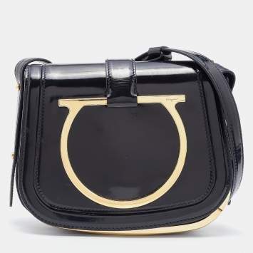 Pre Owned Salvatore Ferragamo Black Patent Leather Sabine Crossbody Bag