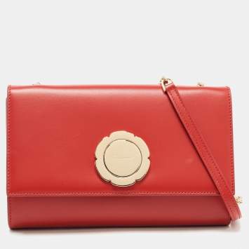 Pre Owned Salvatore Ferragamo Red Leather Floral Button Chain Clutch