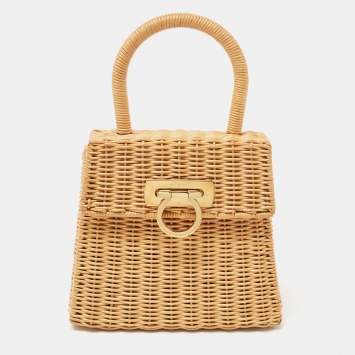 Pre Owned Salvatore Ferragamo Beige Raffia Limited Edition 31/100 Gancini Wicker Top Handle Bag