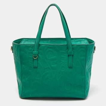 Pre Owned Salvatore Ferragamo Green Logo Embossed Leather Bonnie Tote