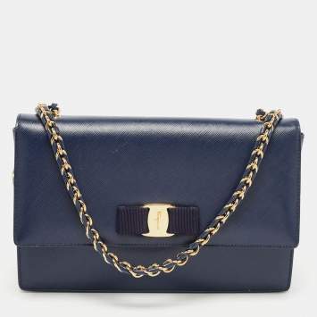 Pre Owned Salvatore Ferragamo Dark Blue Leather Vara Bow Chain Shoulder Bag