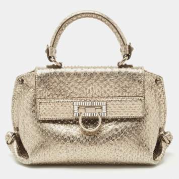 Pre Owned Salvatore Ferragamo Metallic Snakeskin Leather Mini Sofia Top Handle Bag