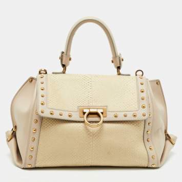 مملوكة مسبقًا Salvatore Ferragamo Cream/Beige Watersnake and Leather Studded Sofia Top Handle Bag