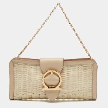 Pre Owned Salvatore Ferragamo Beige/Off White Woven Leather Gancini Chain Clutch