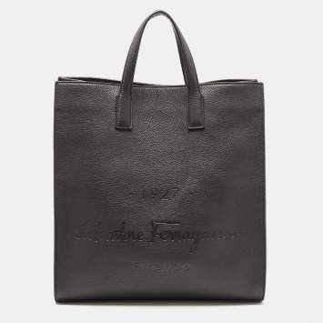 Pre Owned Salvatore Ferragamo Black Leather Logo Embossed Tote