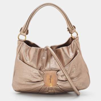 Pre Owned Salvatore Ferragamo Bronze Leather Pleated Bow Hobo