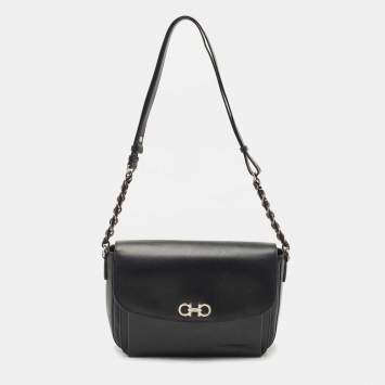 Pre Owned Salvatore Ferragamo Black Leather Gancini Flap Shoulder Bag