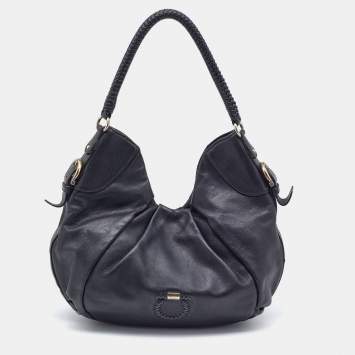 Pre Owned Salvatore Ferragamo Black Leather Gancini Braided Handle Hobo