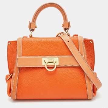 Pre Owned Salvatore Ferragamo Two Tone Orange Leather Small Sofia Top Handle Bag