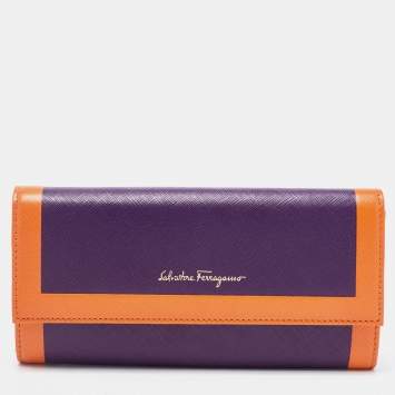 Pre Owned Salvatore Ferragamo Purple/Orange Saffiano Leather Flap Continental Wallet