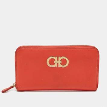 Pre Owned Salvatore Ferragamo Orange Leather Double Gancio Zip Around Wallet
