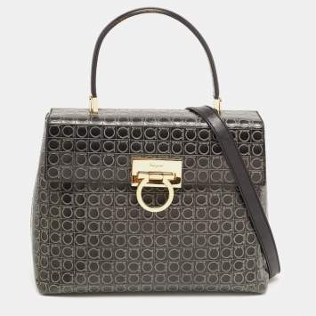 Pre Owned Salvatore Ferragamo Black Signature Embossed Leather Gancini Top Handle Bag