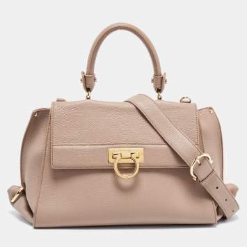 Pre Owned Salvatore Ferragamo Dark Beige Gancini Flap Top Handle Bag