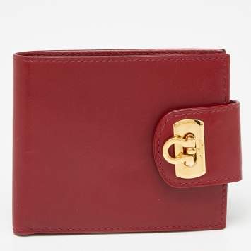 Pre Owned Salvatore Ferragamo Burgundy Leather Gancini Flap Compact Wallet