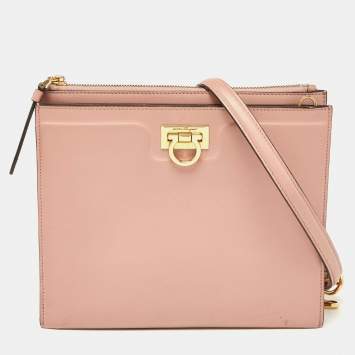 Pre Owned Salvatore Ferragamo Pink Leather Trifolio Crossbody Bag