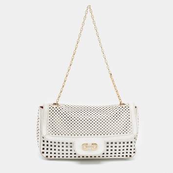 Pre Owned Salvatore Ferragamo Off White Leather Perforated Shoulder bag