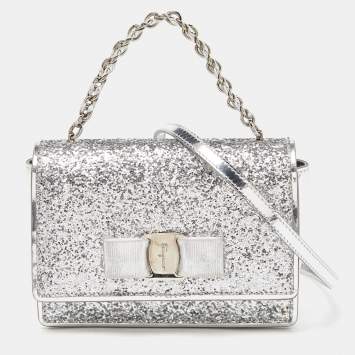 Pre Owned Salvatore Ferragamo Silver Glitter and Laminated Leather Top Handle Bag