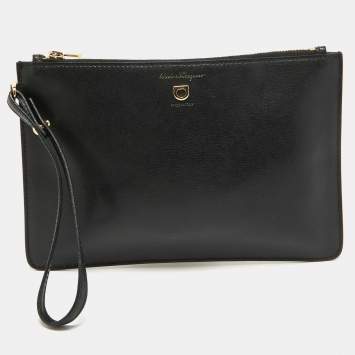 Pre Owned Salvatore Ferragamo Black  Leather Zip Wristlet Pouch