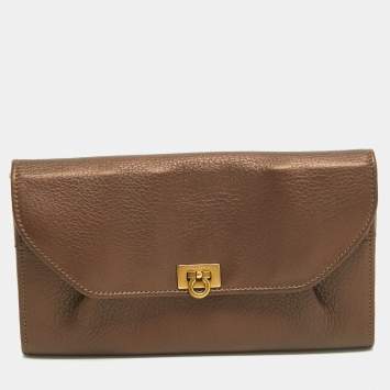 Pre Owned Salvatore Ferragamo Metallic Brown Leather Gancini Clasp Continental Wallet