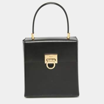 Pre Owned Salvatore Ferragamo Black Leather Gancini Top Handle Bag