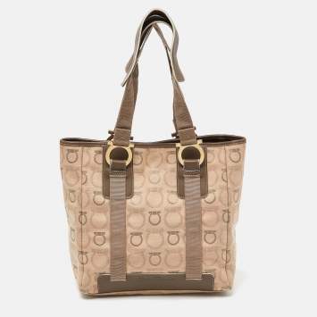Pre Owned Salvatore Ferragamo Beige Signature Canvas and Leather Tote