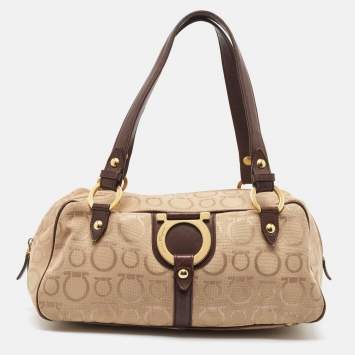 Pre Owned Salvatore Ferragamo Dark Brown/Beige Signature Canvas Satchel