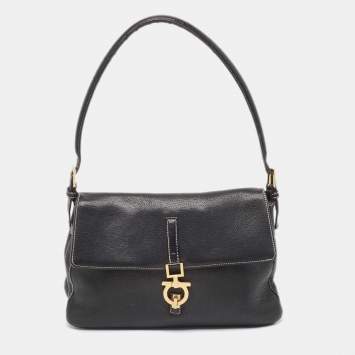 Pre Owned Salvatore Ferragamo Black Leather Gancio Hobo