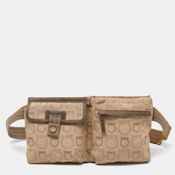 Pre Owned Salvatore Ferragamo Beige Signature Canvas and Leather Fanny Pack Belt Bag