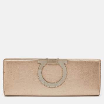 Pre Owned Salvatore Ferragamo Metallic Beige Leather Musa Gancini Clutch