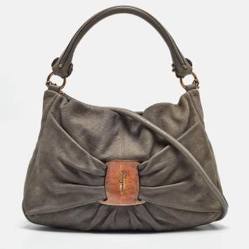 Pre Owned Salvatore Ferragamo Grey Leather Miss Vara Hobo